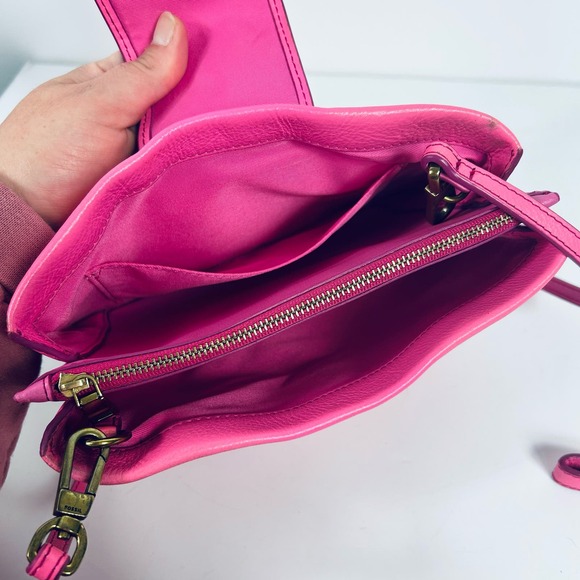 Fossil Neon Pink Genuine Leather Crossbody Purse Wristlet - Picture 4 of 7